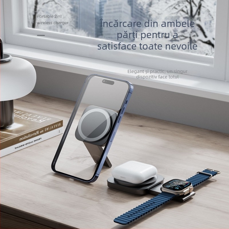 Încărcător wireless pliabil 3 în 1 pentru birou, încărcare magnetică pentru Apple Watch, suport portabil, PD 15W încărcare rapidă
