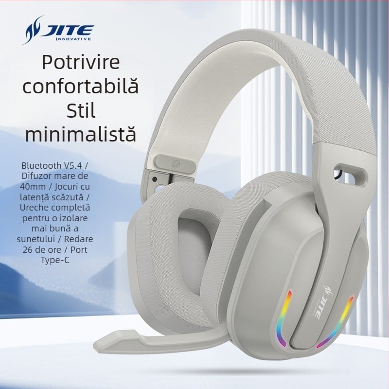 Căști wireless RGB pentru gaming cu microfon, baterie 400mAh, autonomie 26h, încărcare USB-C