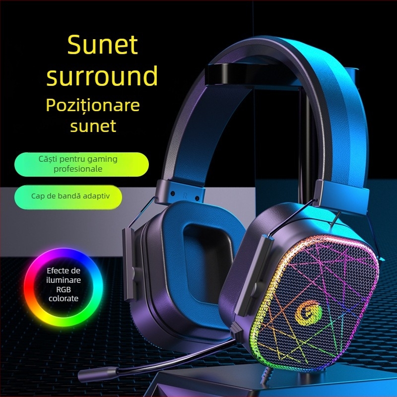 Căști de gaming cu fir, sunet 7.1 surround, interfață USB, iluminare RGB, conector dual 3,5 mm, microfon încorporat