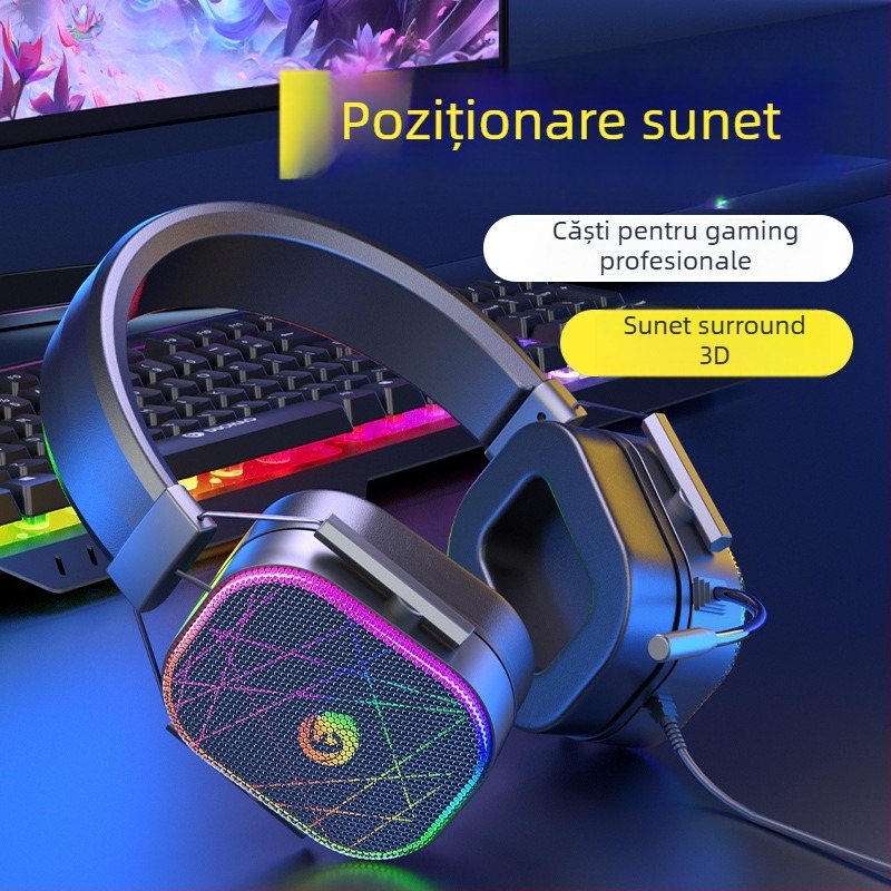 Căști de gaming cu fir, sunet 7.1 surround, interfață USB, iluminare RGB, conector dual 3,5 mm, microfon încorporat