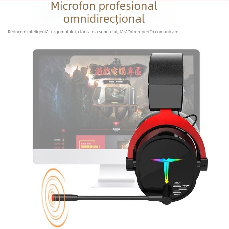 Căști wireless pentru cap pentru jocuri cu microfon, Bluetooth 5.0, rază până la 10 m, autonomie peste 8 ore, IPX3