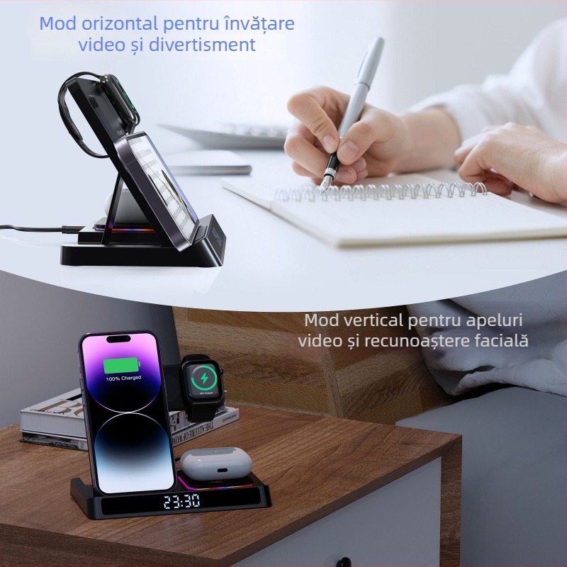 Suport de încărcare ceas 4-în-1 fără fir, încărcare rapidă 18W, bază pliabilă multifuncțională cu afișaj digital