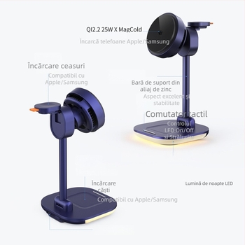 Qi2.2 Încărcător Wireless 4 în 1, Lampă LED de Noapte Pliabilă și Suport Telefon, 15W Max, Încărcare Magnetică