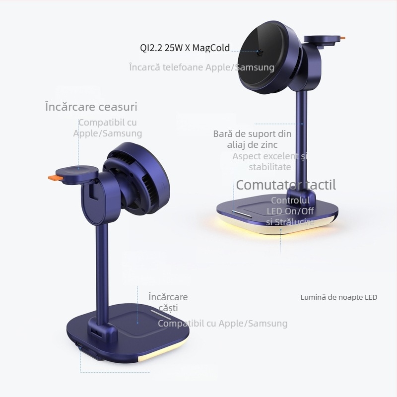 Qi2.2 Încărcător Wireless 4 în 1, Lampă LED de Noapte Pliabilă și Suport Telefon, 15W Max, Încărcare Magnetică
