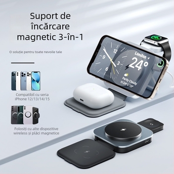 Încărcător wireless magnetic 3-în-1 pentru Apple MagSafe (iPhone, AirPods, Apple Watch); design pliabil, corp din aliaj de aluminiu, 15W ieșire, 3A curent, compatibil QC3.0
