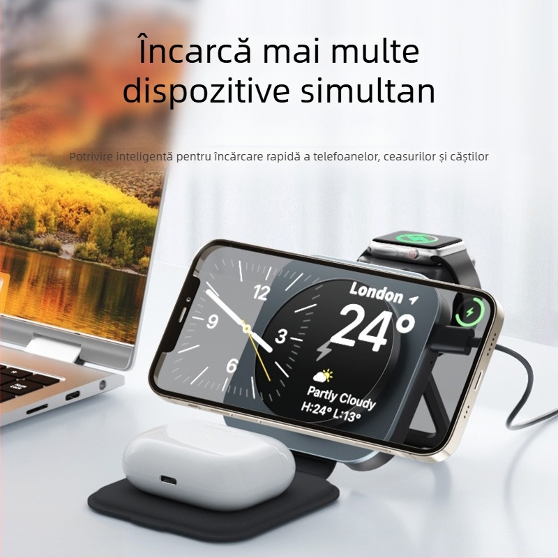 Încărcător wireless magnetic 3-în-1 pentru Apple MagSafe (iPhone, AirPods, Apple Watch); design pliabil, corp din aliaj de aluminiu, 15W ieșire, 3A curent, compatibil QC3.0