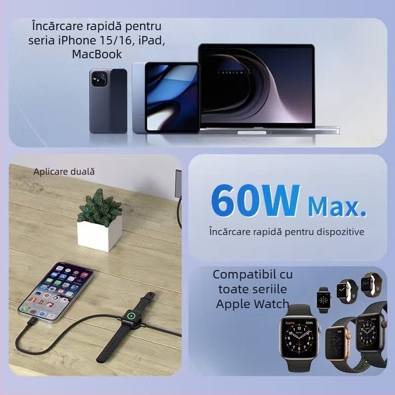 L5s Cablu de încărcare 2‑în‑1 pentru telefon și Apple Watch | Încărcare wireless Qi, 5W, 1 m lungime