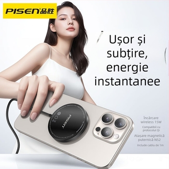 Încărcător wireless cu cablu încorporat, 1 m, 15W, protocol Qi, magnet N52