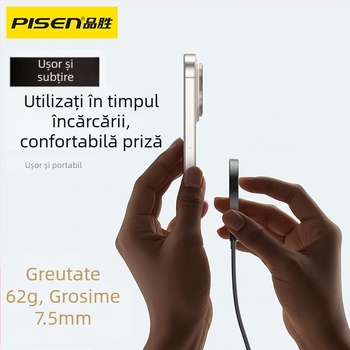 Încărcător wireless cu cablu încorporat, 1 m, 15W, protocol Qi, magnet N52