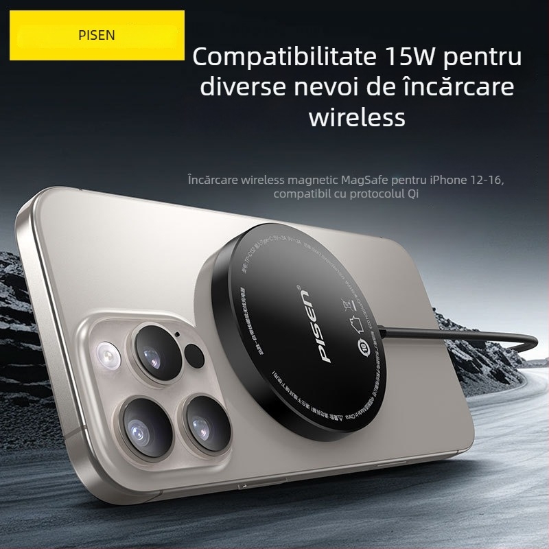 Încărcător wireless cu cablu încorporat, 1 m, 15W, protocol Qi, magnet N52