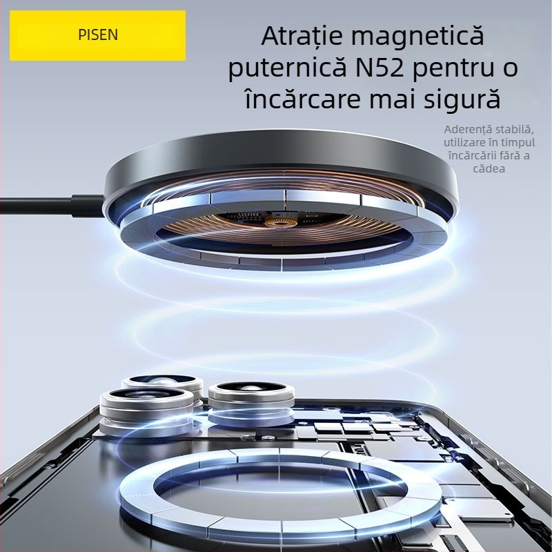 Încărcător wireless cu cablu încorporat, 1 m, 15W, protocol Qi, magnet N52