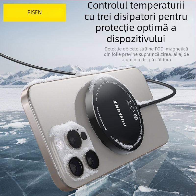 Încărcător wireless cu cablu încorporat, 1 m, 15W, protocol Qi, magnet N52