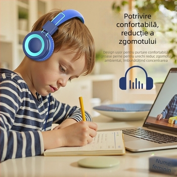 Headset cu fir pentru elevi și copii, reglabil și pliabil, cu microfon pentru lecții online — difuzoare de 40 mm, impedanță 32 Ω, răspuns în frecvență 20–20000 Hz, USB-C și 3,5 mm