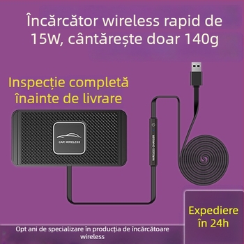 Încărcător wireless pentru mașină, 15W, încărcare rapidă USB QC3.0, ieșire 2A, placă anti-alunecare plată