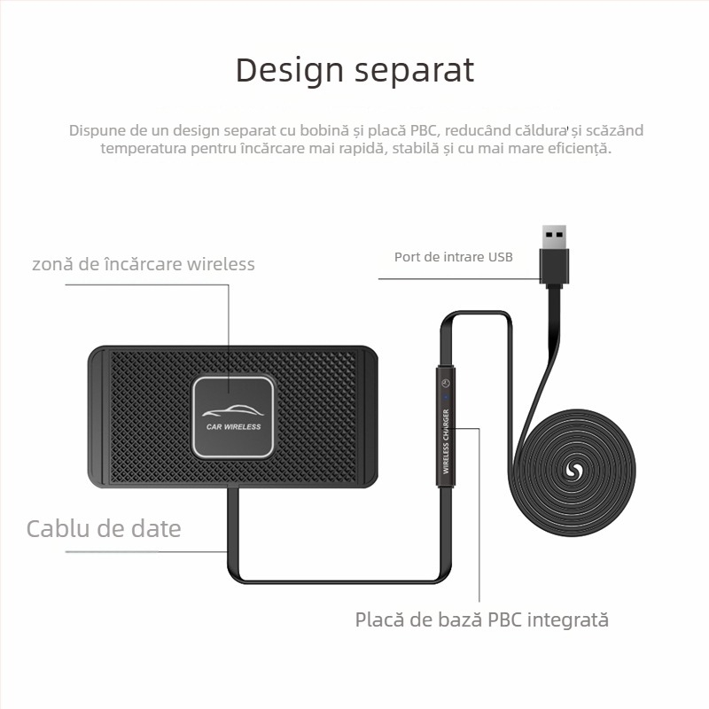 Încărcător wireless pentru mașină, 15W, încărcare rapidă USB QC3.0, ieșire 2A, placă anti-alunecare plată