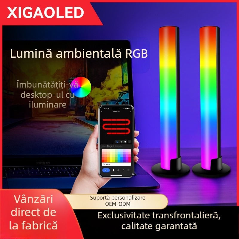 Lampa ambientală RGB pentru desktop, alimentare la priză, cu detecție de sunet, control vocal și iluminare în ritm muzical