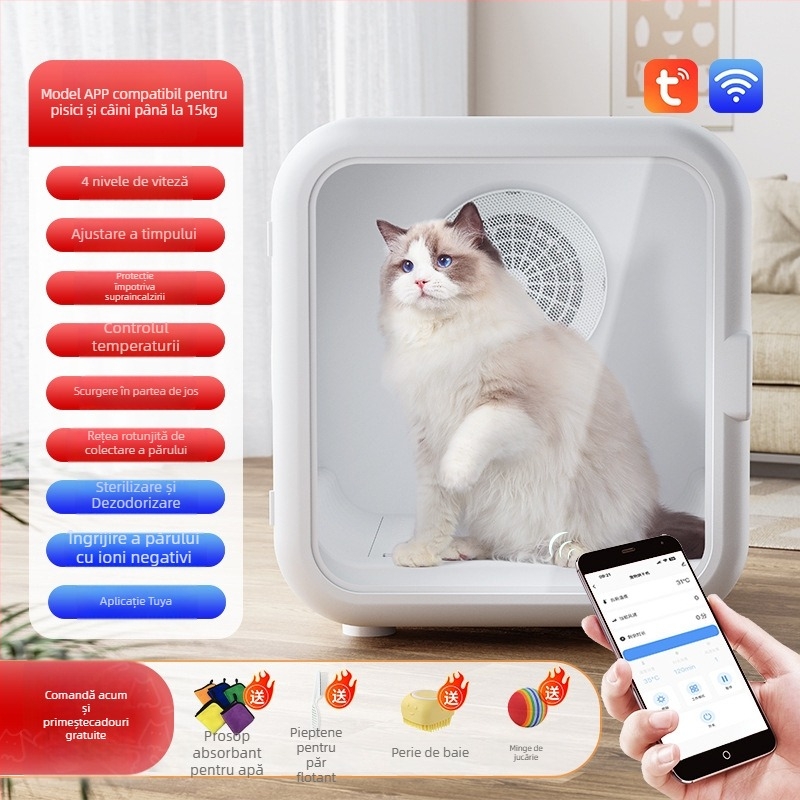 Cutie uscare animale LQ-HG100 – Uscător inteligent pentru pisici și câini, uscare automată la temperatură constantă (22-39°C), sub 1000W, 220V, protecție la supraincălzire