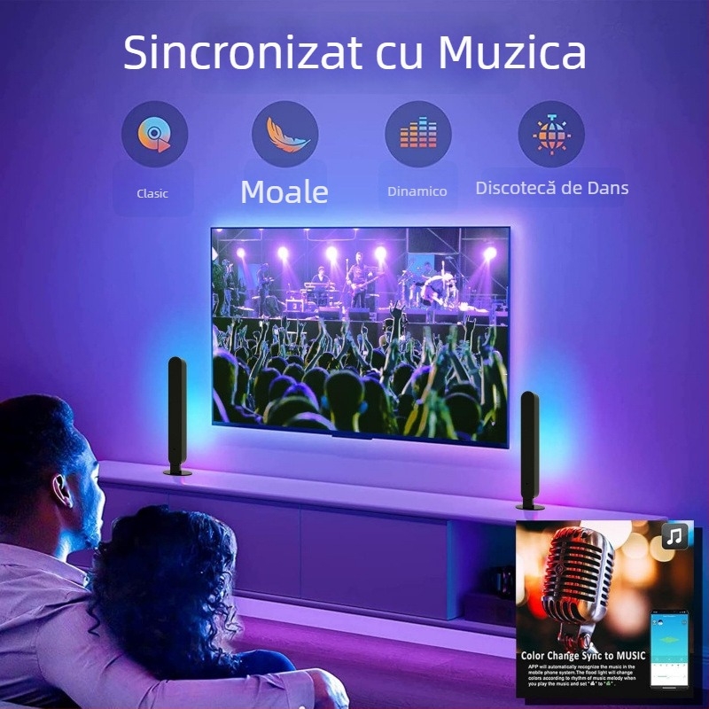 Lumină ambientală RGB pentru gaming, cu senzor de ritm muzical și activare prin sunet; lampă de birou pe suport vertical – control de la distanță, aplicație și control vocal