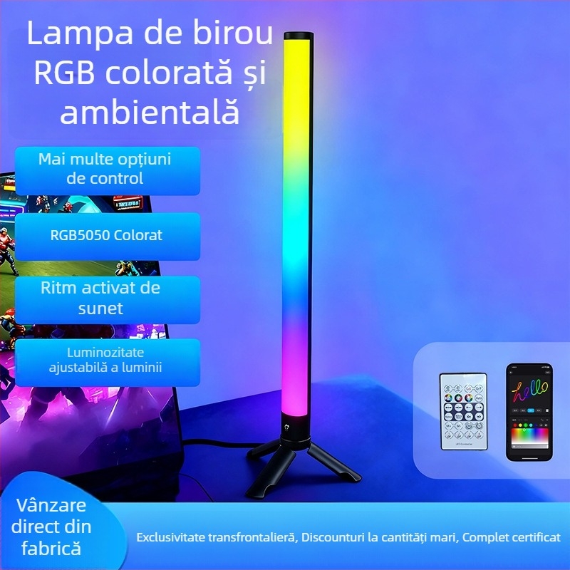 Lampă ambientală de birou RGB cu reacție la sunet și control vocal/aplicație (alimentare la priză, montaj pe birou sau suspendare, ambientă pentru camera de gaming)