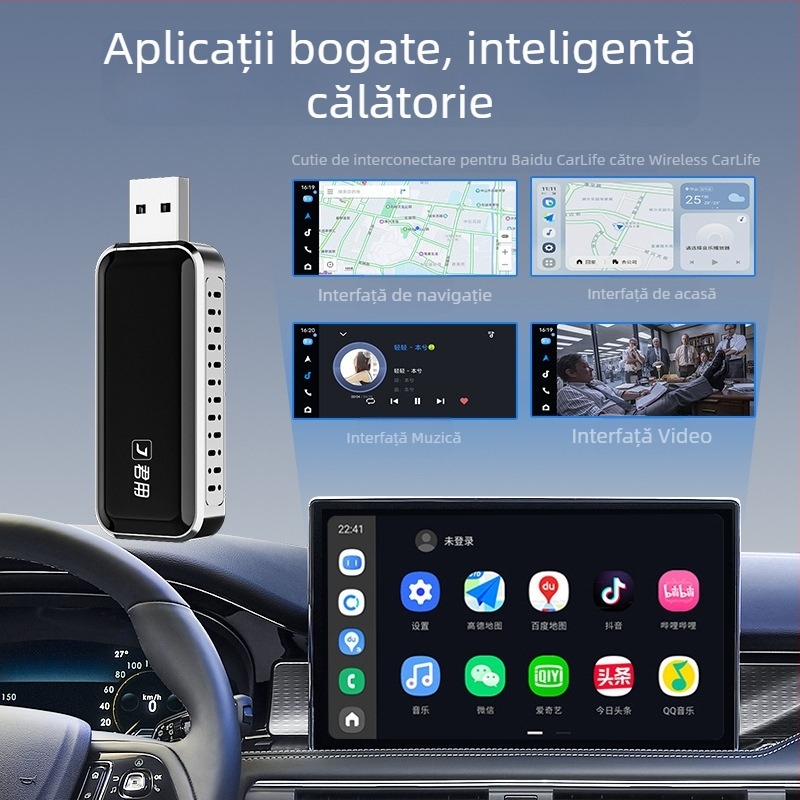 Adaptor CarPlay către CarLife wireless pentru mașini Android (Model U7, Procesor dual-core, 1GB RAM, Interfață USB, Android Car versiunea 5.0+)