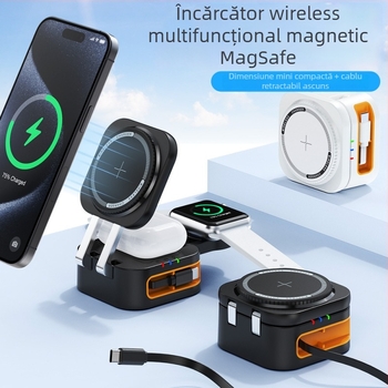 Suport de încărcare wireless 3 în 1 cu cablu încorporat pentru telefon, ceas și căști – aliaj de aluminiu, ABS, PC