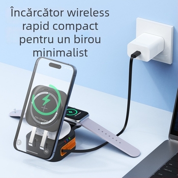 Suport de încărcare wireless 3 în 1 cu cablu încorporat pentru telefon, ceas și căști – aliaj de aluminiu, ABS, PC