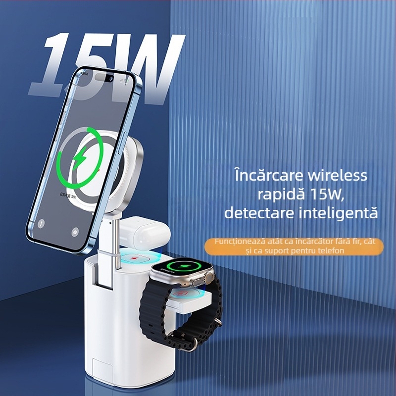 Suport de încărcare MagSafe 3 în 1 cu mecanism de ridicare și bază magnetică pentru telefon, ceas și căști