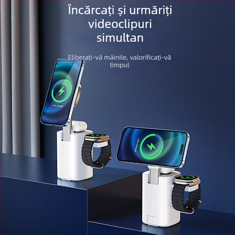 Suport de încărcare MagSafe 3 în 1 cu mecanism de ridicare și bază magnetică pentru telefon, ceas și căști