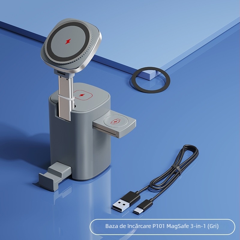 Suport de încărcare MagSafe 3 în 1 cu mecanism de ridicare și bază magnetică pentru telefon, ceas și căști