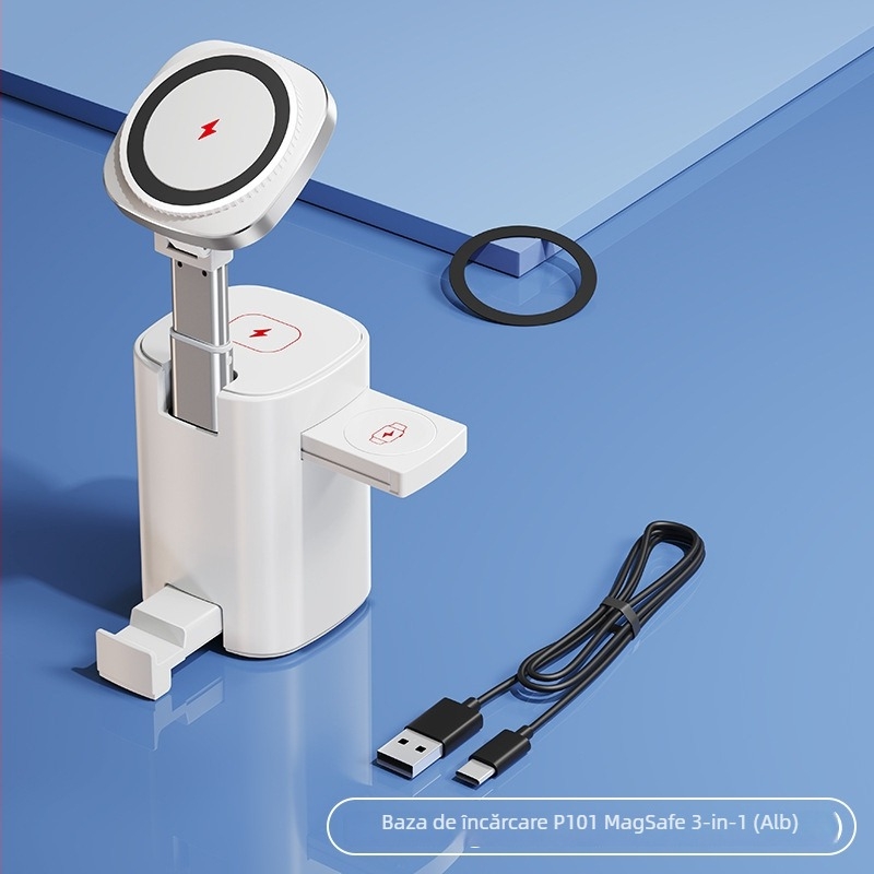 Suport de încărcare MagSafe 3 în 1 cu mecanism de ridicare și bază magnetică pentru telefon, ceas și căști