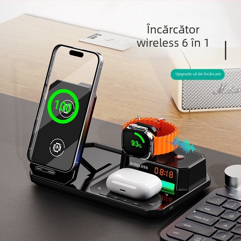 Suport de birou 6 în 1 cu încărcare wireless, 15W, CE/FCC/ROHS, plastic, universal