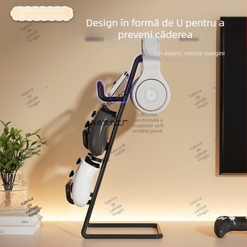 Stand pentru controllere de joc cu spațiu de depozitare și cârlig pentru căști/telefon, din fier, compatibil cu Xbox, PS5, PS4 și Switch