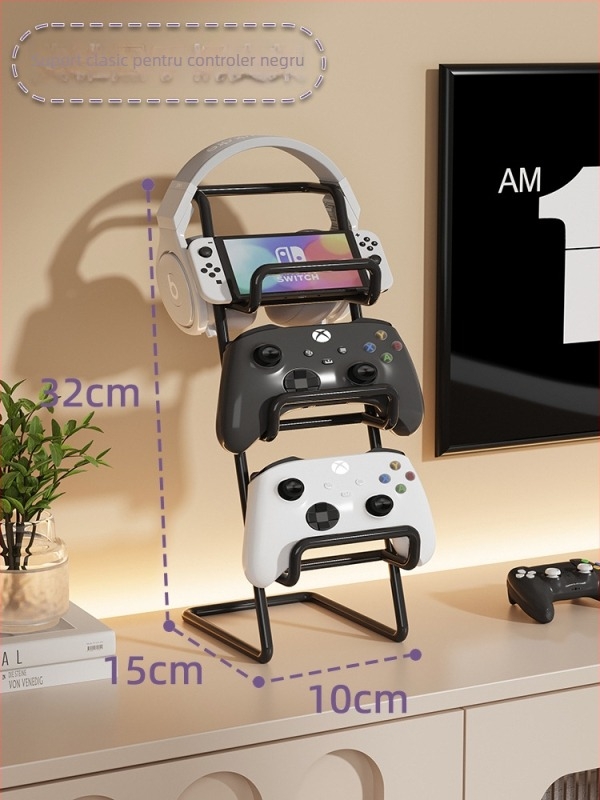 Stand pentru controllere de joc cu spațiu de depozitare și cârlig pentru căști/telefon, din fier, compatibil cu Xbox, PS5, PS4 și Switch