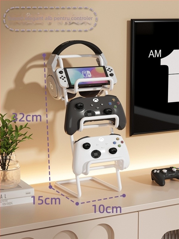 Stand pentru controllere de joc cu spațiu de depozitare și cârlig pentru căști/telefon, din fier, compatibil cu Xbox, PS5, PS4 și Switch
