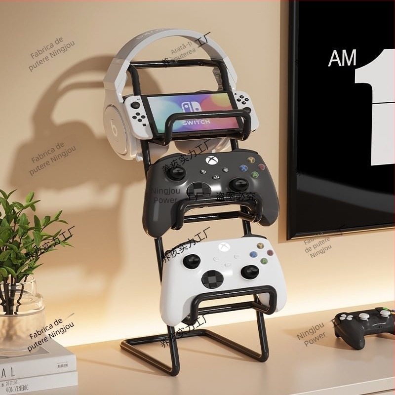 Stand pentru controllere de joc cu spațiu de depozitare și cârlig pentru căști/telefon, din fier, compatibil cu Xbox, PS5, PS4 și Switch