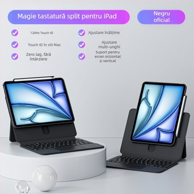 Tastatură Bluetooth fără fir pentru iPad Pro 11 inch și 13 inch, cu husă magnetică și suport ergonomic