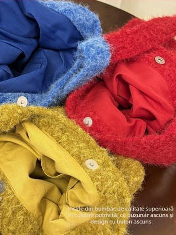 Geantă bucket din pluș, cu buzunar intern, închidere magnetică și strat suplimentar