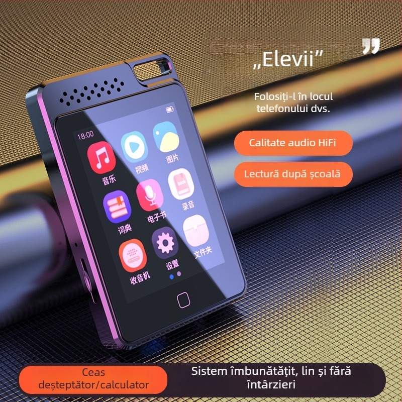 Player MP3 cu Bluetooth și înregistrare vocală, suport card TF, ecran TFT de 2,4 inch, interfață USB-C