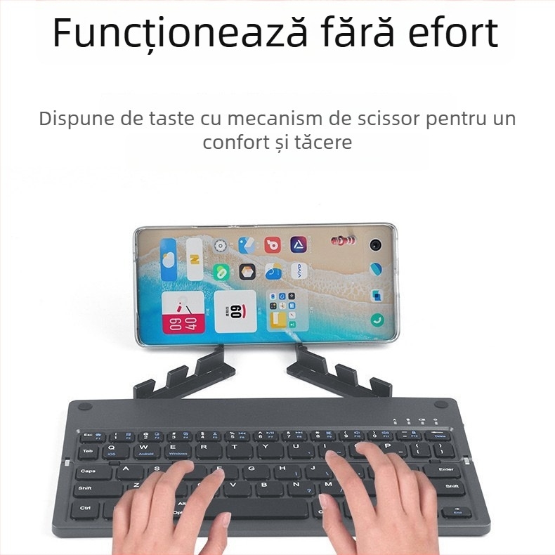 B048 Tastatura Bluetooth pliabilă cu suport încorporat, mini portabilă, încărcare Type-C, ergonomic