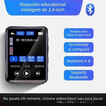 Dispozitiv de învățare cu ecran tactil și butoane pentru ascultare în engleză și repetare, card TF extins și USB 2.0, Bluetooth, radio FM și înregistrare, suportă MP3/WMA/WAV/OGG/FLAC/APE, baterie Li-ion până la 7 zile