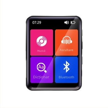 Dispozitiv de învățare cu ecran tactil și butoane pentru ascultare în engleză și repetare, card TF extins și USB 2.0, Bluetooth, radio FM și înregistrare, suportă MP3/WMA/WAV/OGG/FLAC/APE, baterie Li-ion până la 7 zile