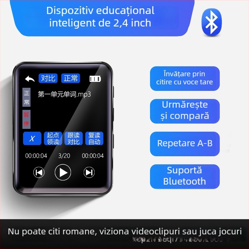 Dispozitiv de învățare cu ecran tactil și butoane pentru ascultare în engleză și repetare, card TF extins și USB 2.0, Bluetooth, radio FM și înregistrare, suportă MP3/WMA/WAV/OGG/FLAC/APE, baterie Li-ion până la 7 zile