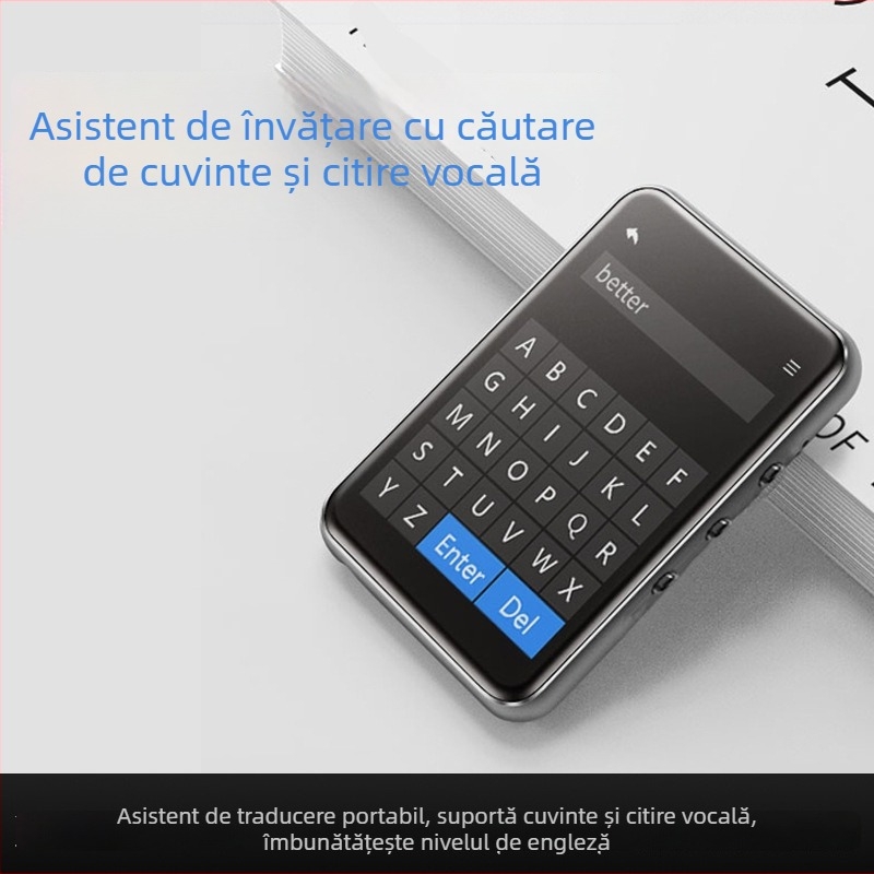 Dispozitiv de învățare cu ecran tactil și butoane pentru ascultare în engleză și repetare, card TF extins și USB 2.0, Bluetooth, radio FM și înregistrare, suportă MP3/WMA/WAV/OGG/FLAC/APE, baterie Li-ion până la 7 zile