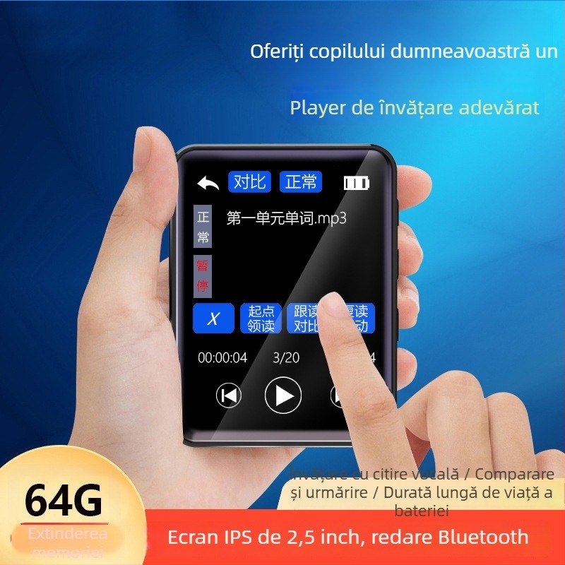 Dispozitiv de învățare cu ecran tactil și butoane pentru ascultare în engleză și repetare, card TF extins și USB 2.0, Bluetooth, radio FM și înregistrare, suportă MP3/WMA/WAV/OGG/FLAC/APE, baterie Li-ion până la 7 zile