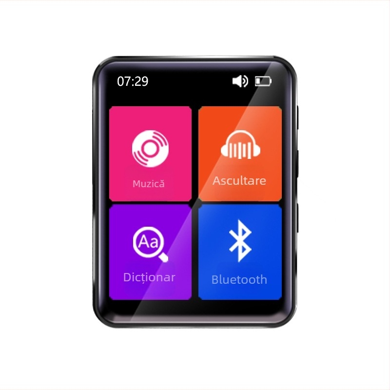 Dispozitiv de învățare cu ecran tactil și butoane pentru ascultare în engleză și repetare, card TF extins și USB 2.0, Bluetooth, radio FM și înregistrare, suportă MP3/WMA/WAV/OGG/FLAC/APE, baterie Li-ion până la 7 zile