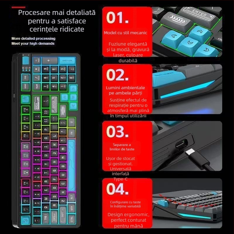 Tastatură Silențioasă, 96 taste, cablu, iluminare RGB, ABS material pentru desktop