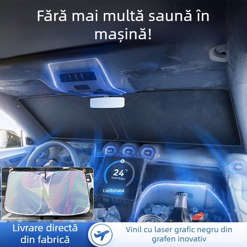 Parasolar auto pentru parbriz cu folie de aluminiu, vinil laser, model în carouri, montaj prin clic, potrivire universală