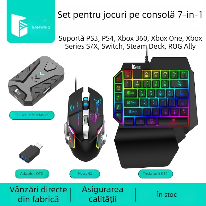 Mix Master Convertor USB Tastatură și Mouse pentru console de jocuri – interfețe USB pentru tastatură și mouse, DPI 3200, iluminare, design ergonomic, cablu 1.4 m