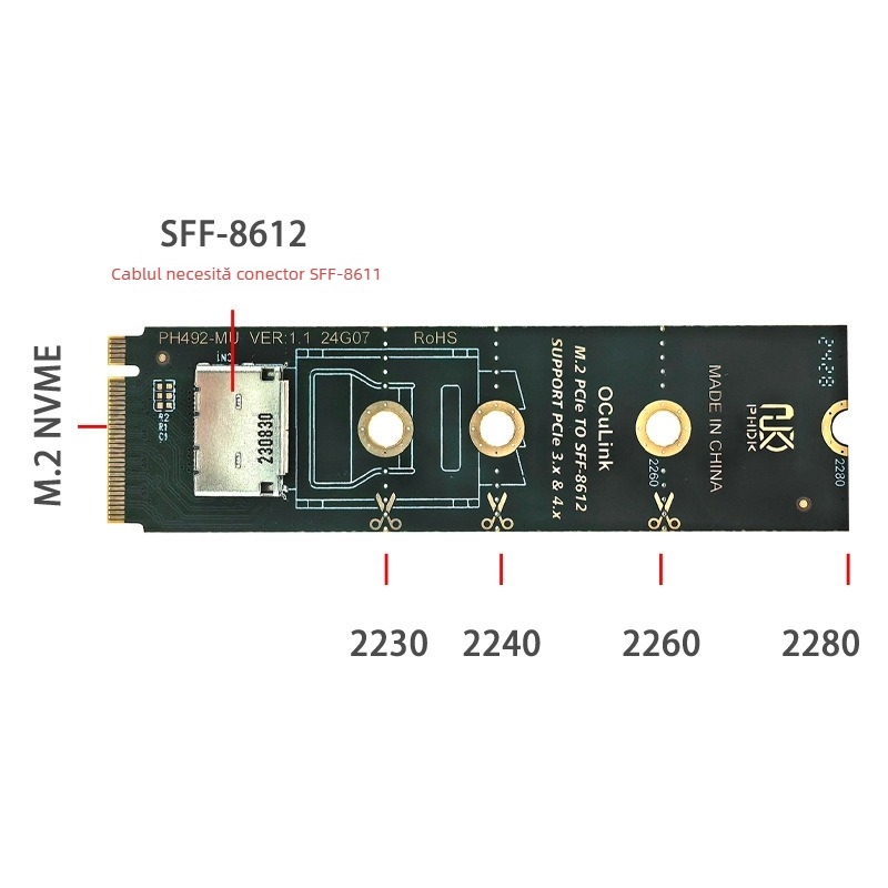 Carte adaptor Oculink pentru M.2 NGFF M-key NVMe PCIe (SFF-8611/8612), PH492-MU/PH492-MD