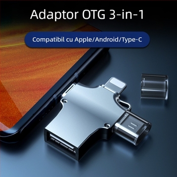 Adaptor OTG 3 în 1 pentru telefoane: cititor USB și conectare tastatură și mouse (Android, Apple, Type-C)